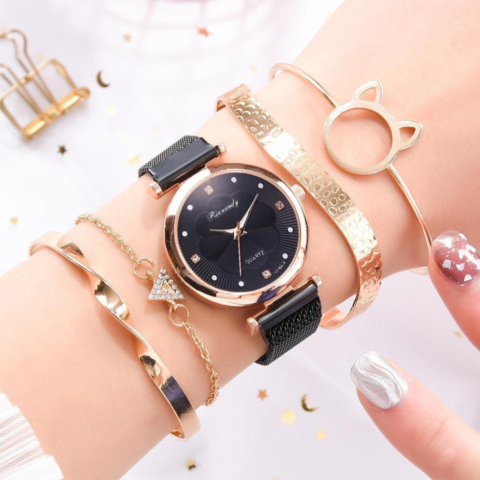 1 Luxury Magnet Buckle Flower  Ladies Quartz Wrist Watch &  Bracelet Set