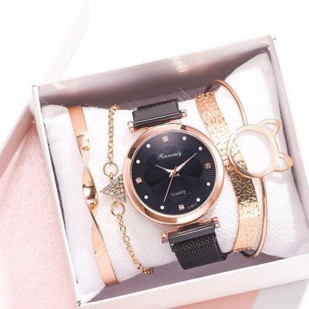 1 Luxury Magnet Buckle Flower  Ladies Quartz Wrist Watch &  Bracelet Set