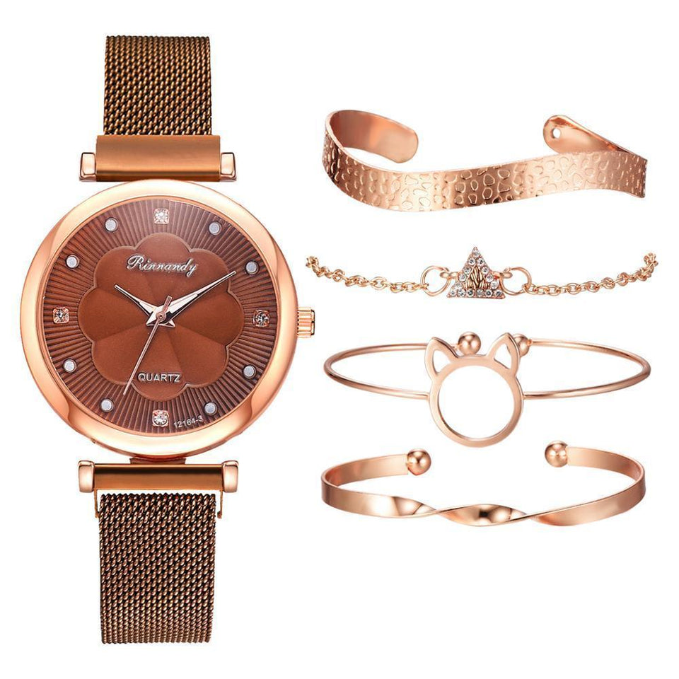 1 Luxury Magnet Buckle Flower  Ladies Quartz Wrist Watch &  Bracelet Set