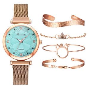 1 Luxury Magnet Buckle Flower  Ladies Quartz Wrist Watch &  Bracelet Set