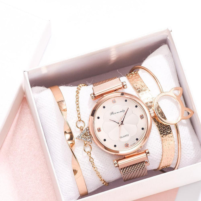 1 Luxury Magnet Buckle Flower  Ladies Quartz Wrist Watch &  Bracelet Set